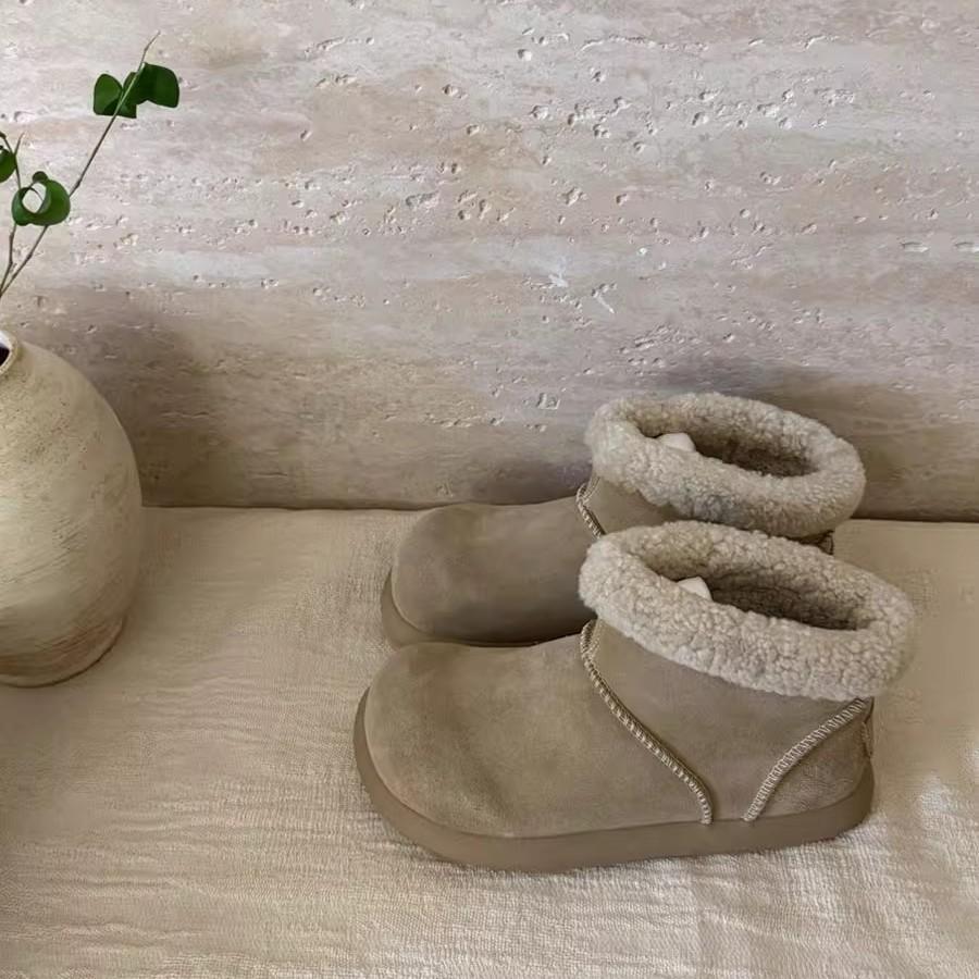 Verze z měkké kůže~ retro kulatá špička ošklivé roztomilé kotníkové boty dámské sametové nízké sněhule teplé velké bavlněné boty na silné podrážce nadýchané boty