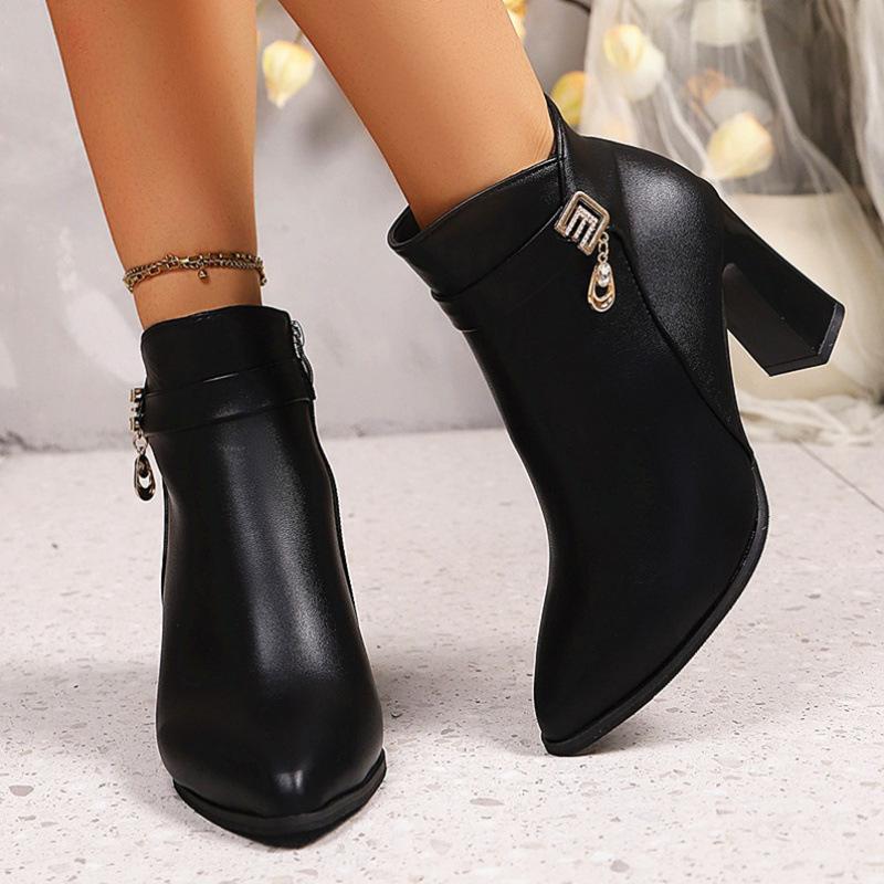 Martin boots new comfortable pointed side zipper thick heel high heel short boots in autumn and winter
