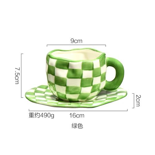 Nordic Style Hand-kneaded Checkerboard Ceramic Coffee Cup Saucer Black and White Hand-painted Afternoon Tea Cup Tableware
