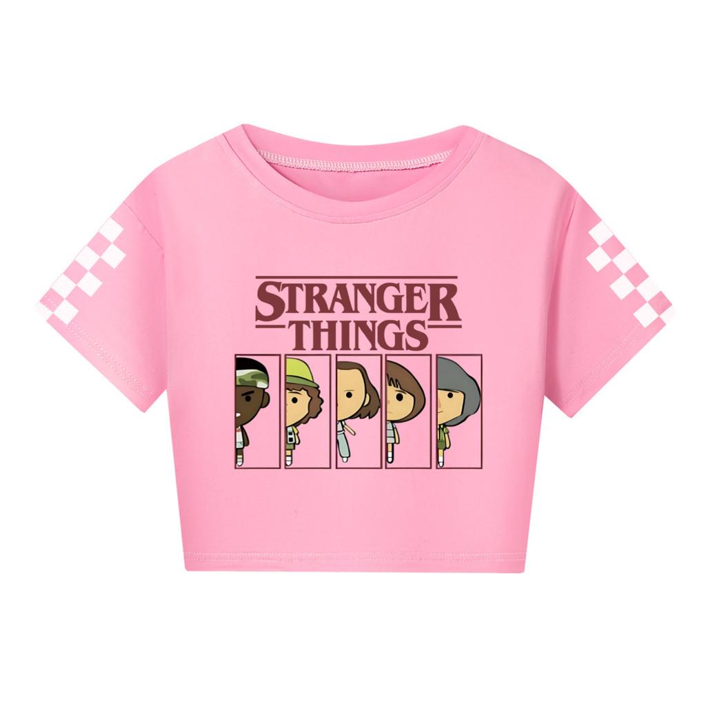 5248 Kids Girls Stranger Print Short Sleeves Short Styles Cotton T-Shirt