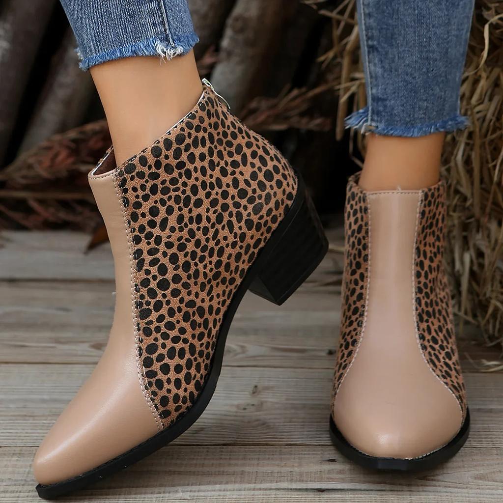 Fashion Shoes for Women  Leopard Ankle Boots Woman Pointed Toe Patchwork Short Barrel Chunky Heel Large Size Western Boots 2024