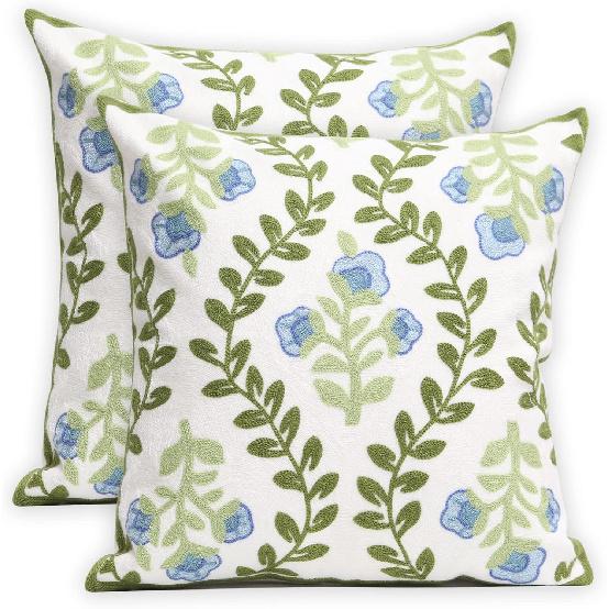 Set of 2 Embroidered Decorative Throw Pillow Covers Couch Square Pillowcases Cushion for Bedroom Sofa Farmhouse Decor 18x18 Inch (Blue Floral)