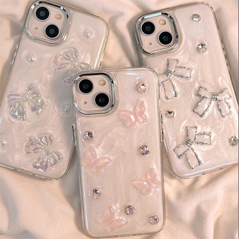 Glitter Butterfly Phone Case for IPhone17Promax Pearl Bow Tie for Apple 16 Rhinestone Silicone Women's New Model