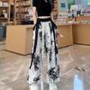 Pantaloni Casual Vintage Elastici a Vita Alta Ampi con Stampa Abbigliamento da Donna Moda Estiva Allacciati Cuciti Ampi a Gamba Larga
