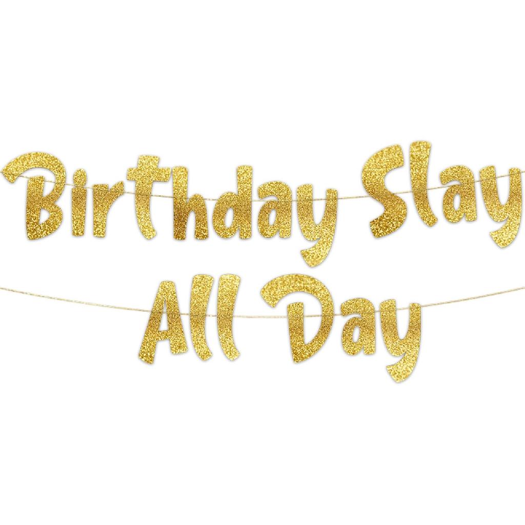 Birthday Slay All Day Gold Glitter Banner - Gen Z Slag - Funny Zoomer Birthday Decorations, Favors, Supplies, Ideas and Gifts