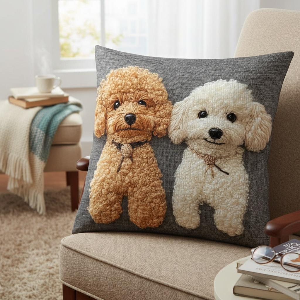 Cute Poodle Dog Pillow Cover Faux Embroidery 2D Print Soft Cozy For Sofa Bed Living Room Puppy Lover Gifts