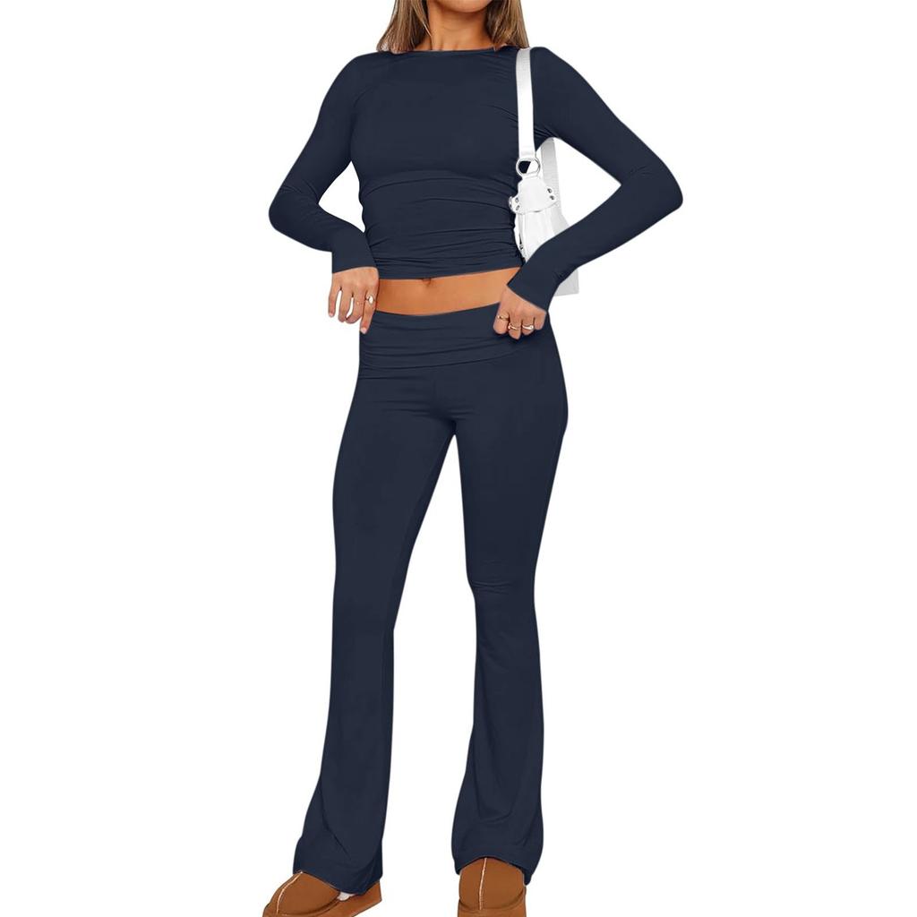 Damen-Set, modisch, einfarbig, Rundhalsausschnitt, Langarm, Oberteil, weites Bein, Hose