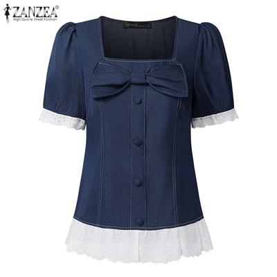 Blusa Casual da Donna a Maniche Corte Patchwork con Scollo Quadrato