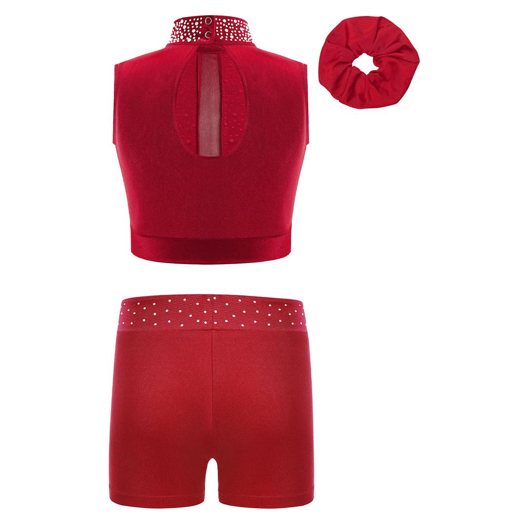 Girls Gymnastics Crop Top Set Sleeveless Mock Neck Keyhole Back Shiny Shorts Headwear Included