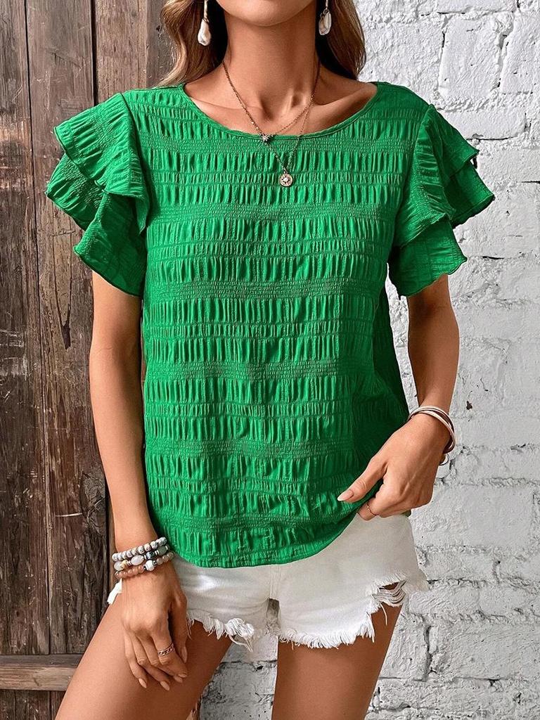 Women's Summer Double-layer Ruffled Sleeve Round Neck Pullover T-shirt