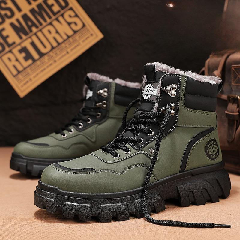 Men's Winter Warm-Lined High-Top Work Boots, Trendy Versatile Thick-Soled Thickened Cotton Shoes.