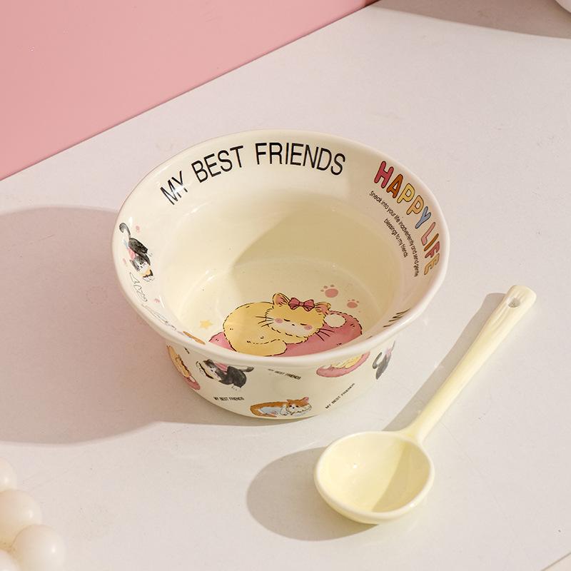 Cute Ceramic Dessert Bowl Round Cartoon Salad Bowl Tableware Household Eating Rice Bowl Dormitory Couple Bowl Spoon Set