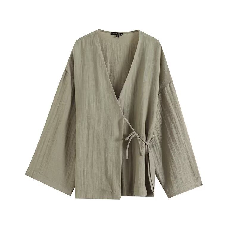 Fashion Style 2024 Summer New Arrival Women's Clothing Easiest for Match New Chinese Green Style Fresh Shoelace V-neck Long Sleeve Shirt