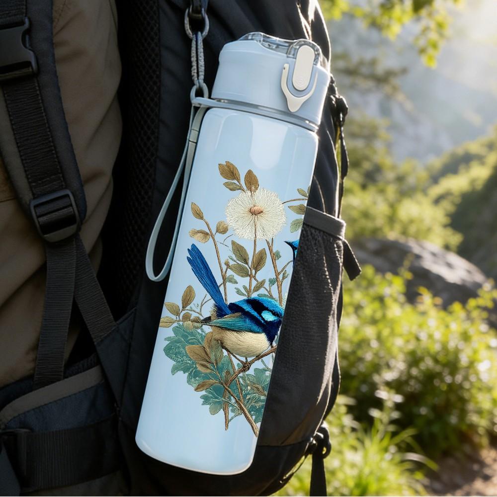 1PC Blue Bird Floral Botanical Print 750ml Color Plastic Sports Water Bottle Leakproof Flip Straw Lid Suitable for Sports Office Home Use