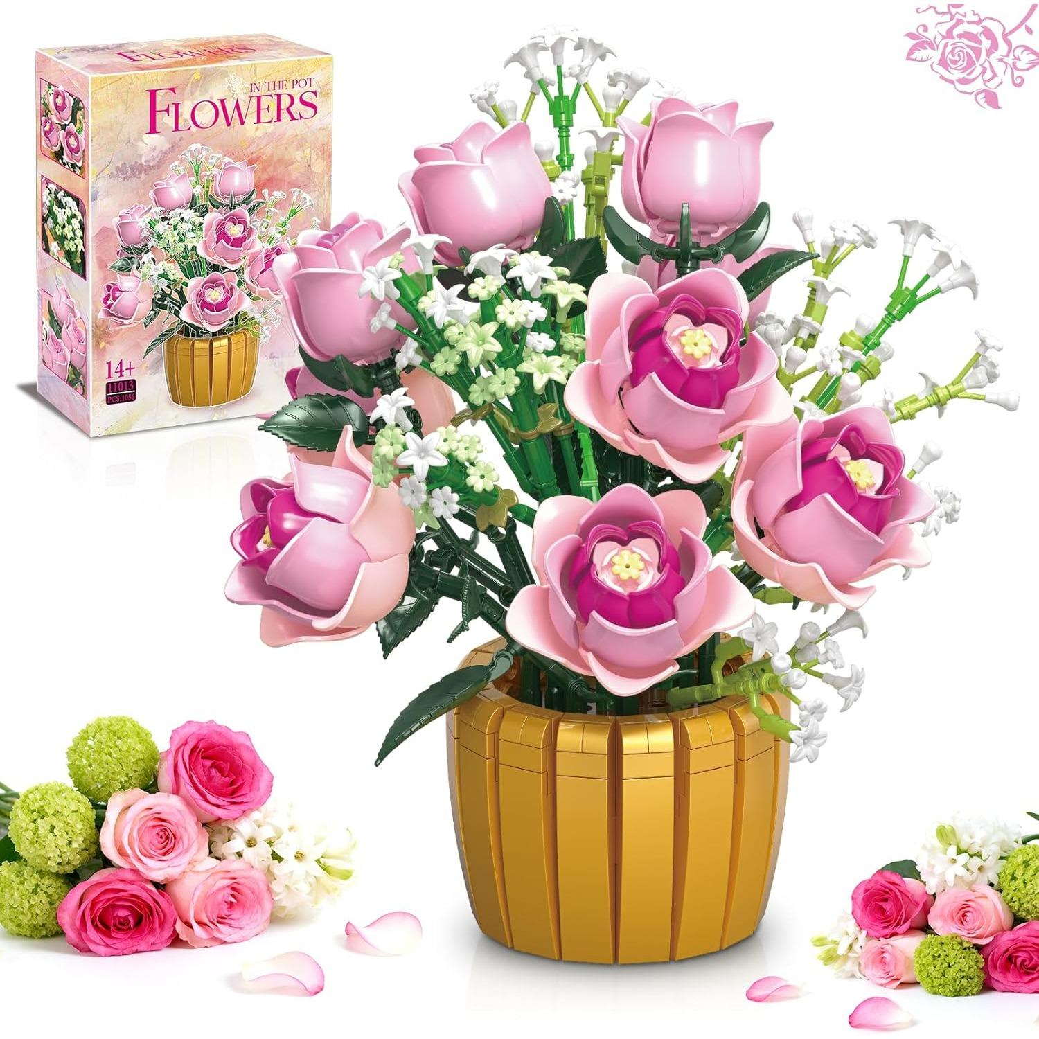 Flowers Pink Rose Bouquet Building Set for Adults – 1056PCS Botanical Artificial Flower Blocks Kit with Roses & Baby’s Breath, Home Decor DIY Gift E1