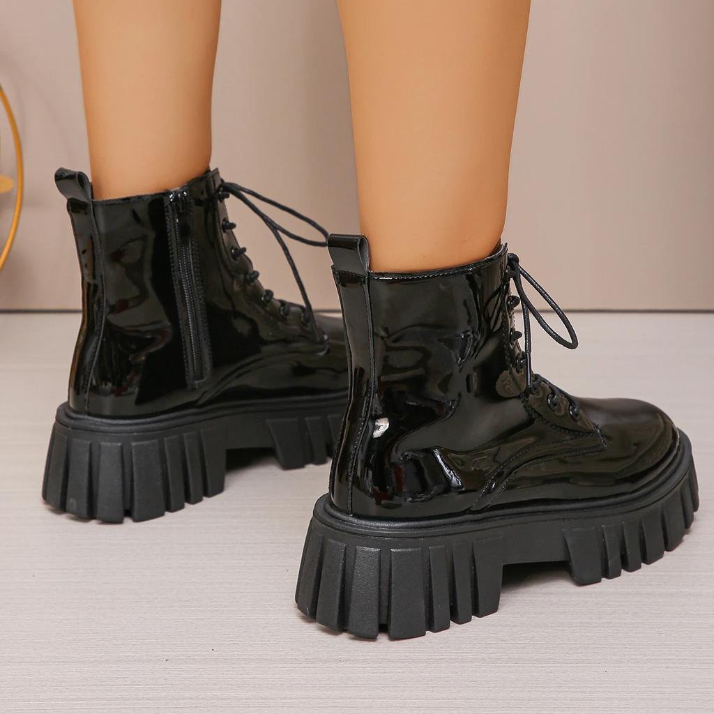 Fashion Chunky Platform Combat Boots for Women Fashion Black Patent Leather Ankle Boots Woman Thick Sole Non Slip Motorcycle Botas Mujer