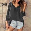 Women Tops V-Neck Embroidery Lace Trim Lace-up Long Sleeve Pullover Tops Solid Color Loose Fit Casual Style Shirt
