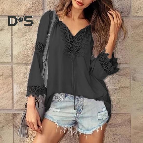 Women Tops V-Neck Embroidery Lace Trim Lace-up Long Sleeve Pullover Tops Solid Color Loose Fit Casual Style Shirt