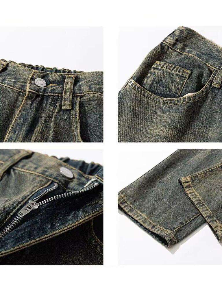 Męskie jeansy retro o luźnym kroju z prostą nogawką - japoński trend prania w żółtym błocie