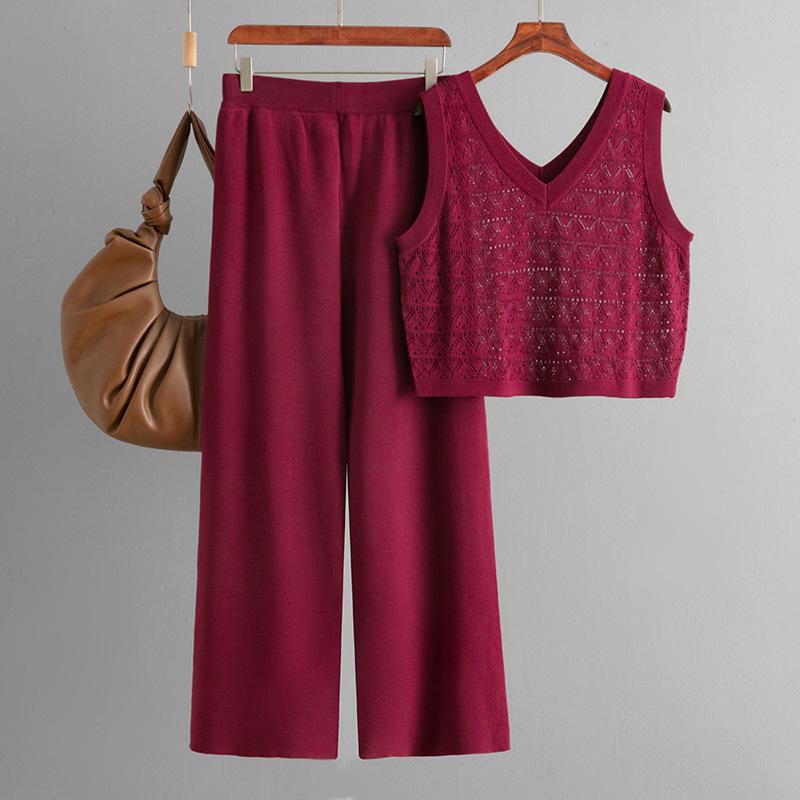 

Summer fashion suit collar hollow knitted vest top + casual wide-leg pants two-piece set One Size