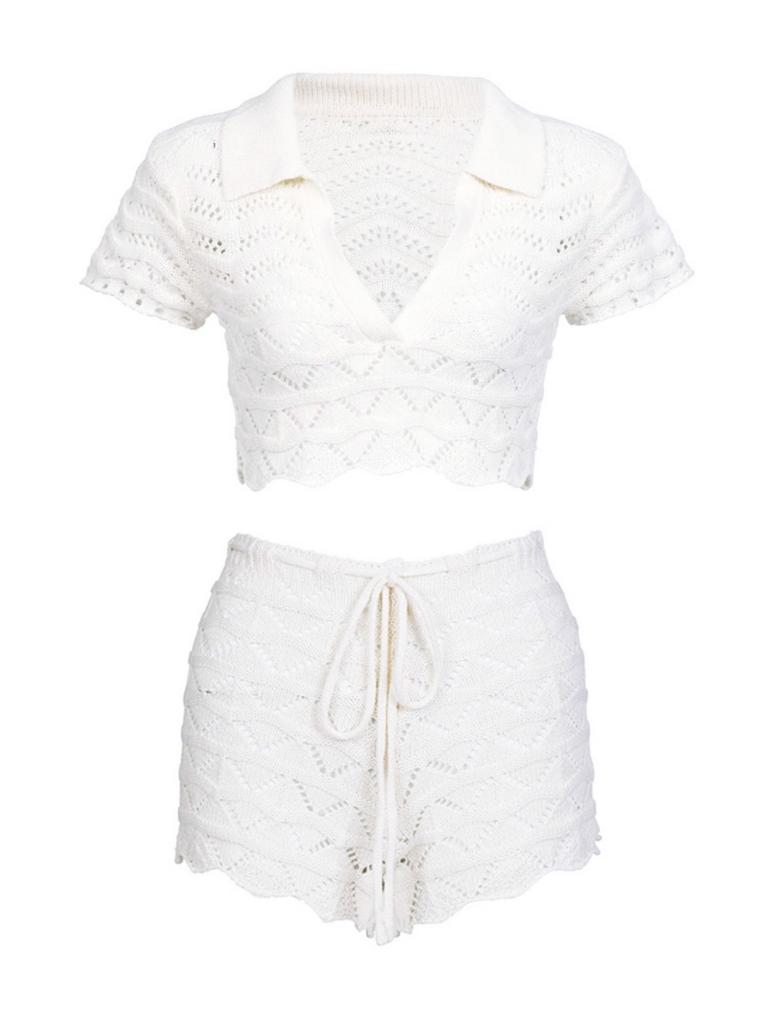 Sexy Knit Beach Swimsuit Cover Up Set 2025 Summer Women Cut Out Lapel V Neck Short Sleeve Top Lace-up Mini Shorts Two-piece K202