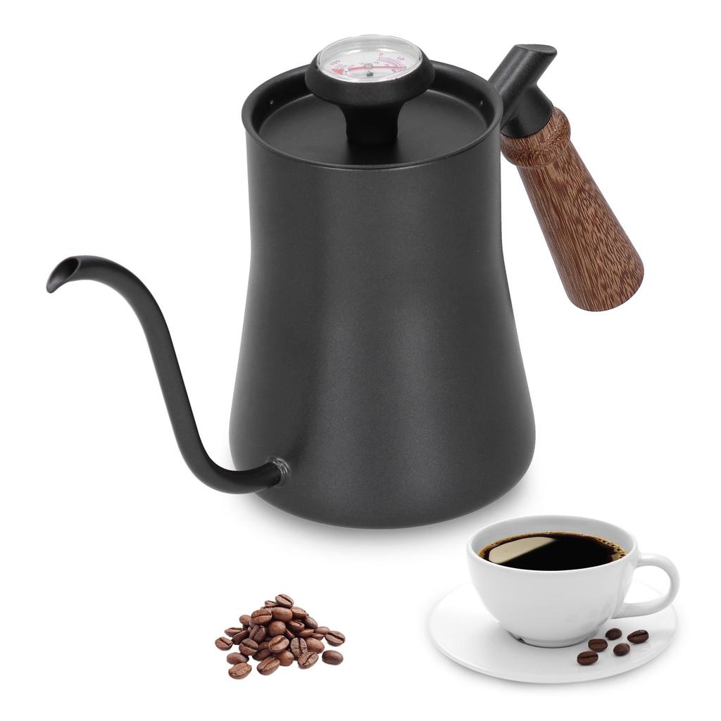Caffettiera 650ml Acciaio Inossidabile Beccuccio Lungo Stretto Bollitore per Caffè con Termometro Nero
