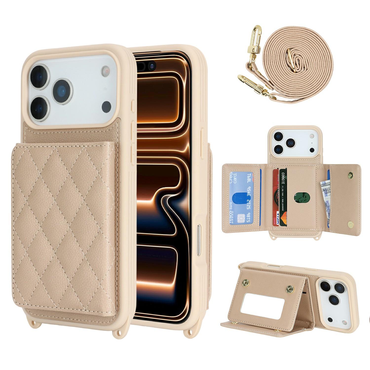 

For iPhone 17 Pro Max Case with Lanyard/Mirror/Card Holder Grids Pattern RFID Blocking Phone Cover