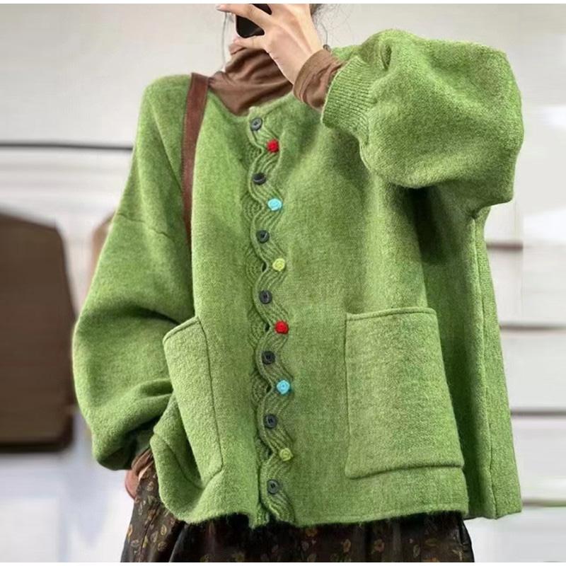 

Вязаный кардиган Wave Edge с круглым вырезом и длинными рукавами, женский, свободный, осень-зима зелёный