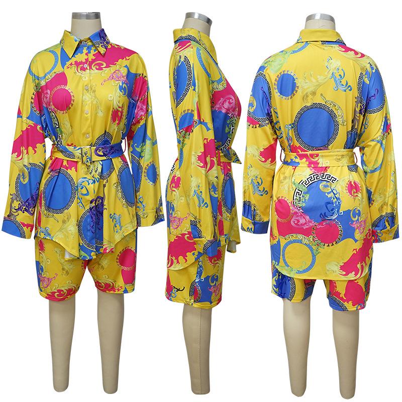 Plus Size Women's Lapel Colorful Print Fashion Sexy Two Piece Suit