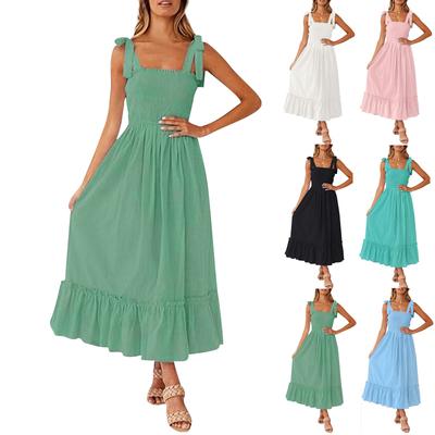 Γυναικεία Μοντέρνα Μποέμ Τιράντες Τετράγωνη Λαιμόκοψη Μονόχρωμο με Βολάν σε γραμμή Α, Μακρύ Φορέματα για Παραλία