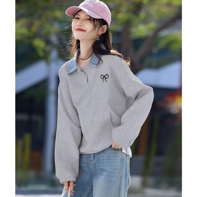 Denim Stitching Fake Two-piece Top 2025 New College Style Girl Age-reducing Embroidered Loose Sweatshirt