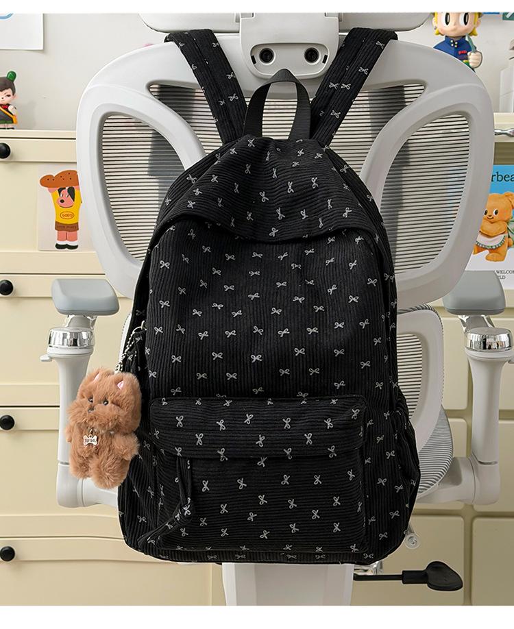 Schoolbag Corduroy Bow Junior High School Student School Bag Women's Large Capacity Versatile Backpack Japanese Burden Reduction Travel Backpack