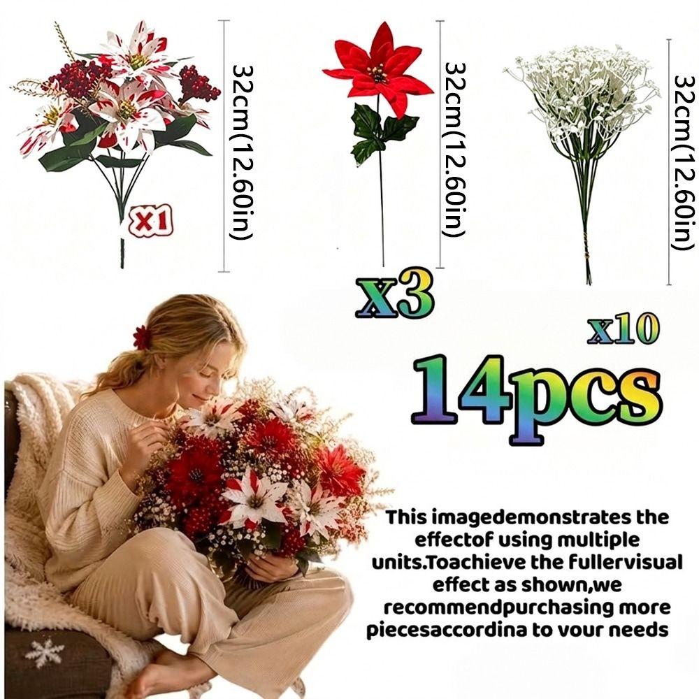 UV Resistant Artificial Poinsettia Bouquet Realistic Red Berries Christmas Flower Arrangement Fade Resistant Lush Leaves