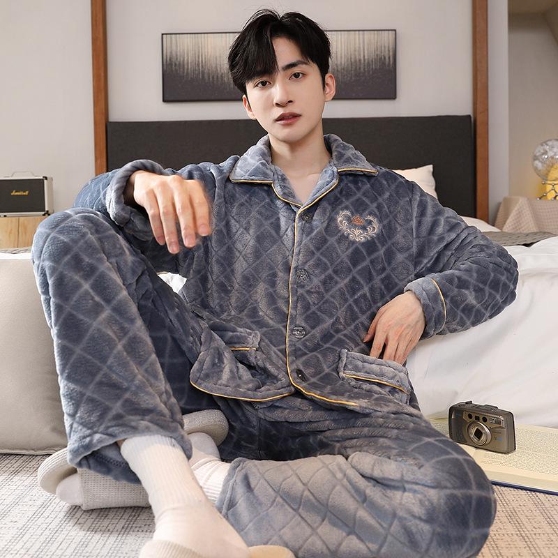 Men's Autumn/Winter Flannel Lapel Pajamas - New Arrival, Plus Velvet, Thickened Coral Fleece Homewear