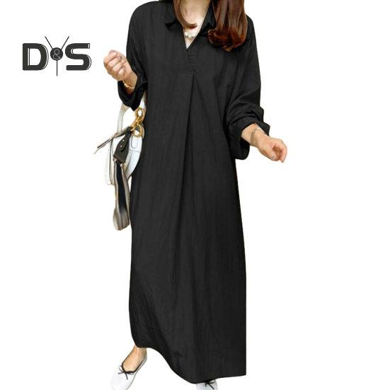 Damska jesienna sukienka wiosenna Luźne klapy, długi rękaw, jednolity kolor, dekolt w serek, Miękka, oddychająca, oversize, prosta sukienka do kostek, Casualowa sukienka maxi