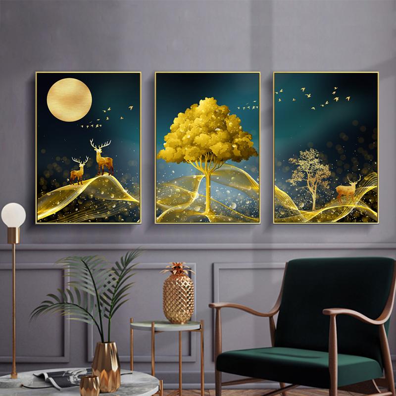 Goldren Tree and Deer Animals Wall Art Posters and Prints Wall Pictures for Living Room Nordic Style Home Decor Canvas Paintings