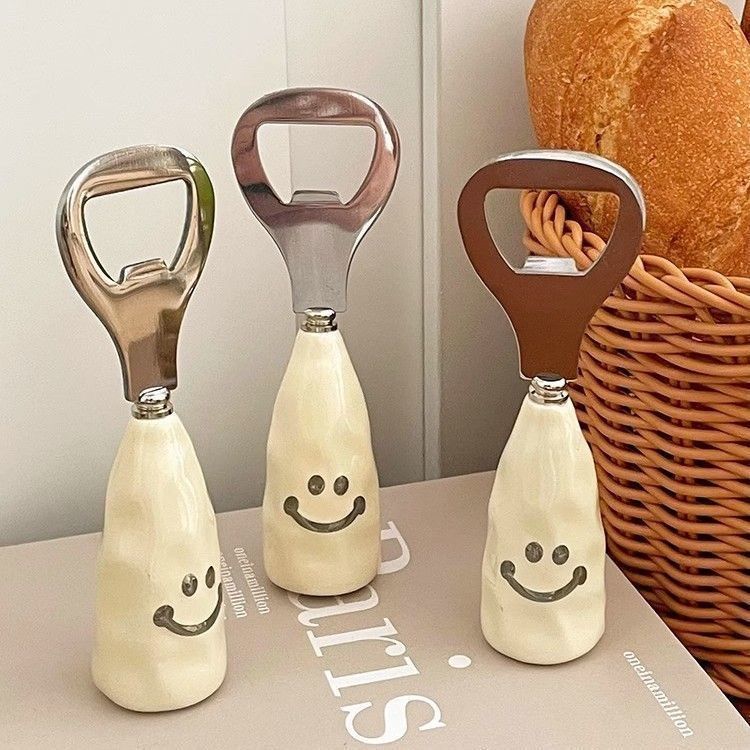 Cute smiling face beer bottle opener ceramic handle can stand up bottle opener creative stainless steel cap opener