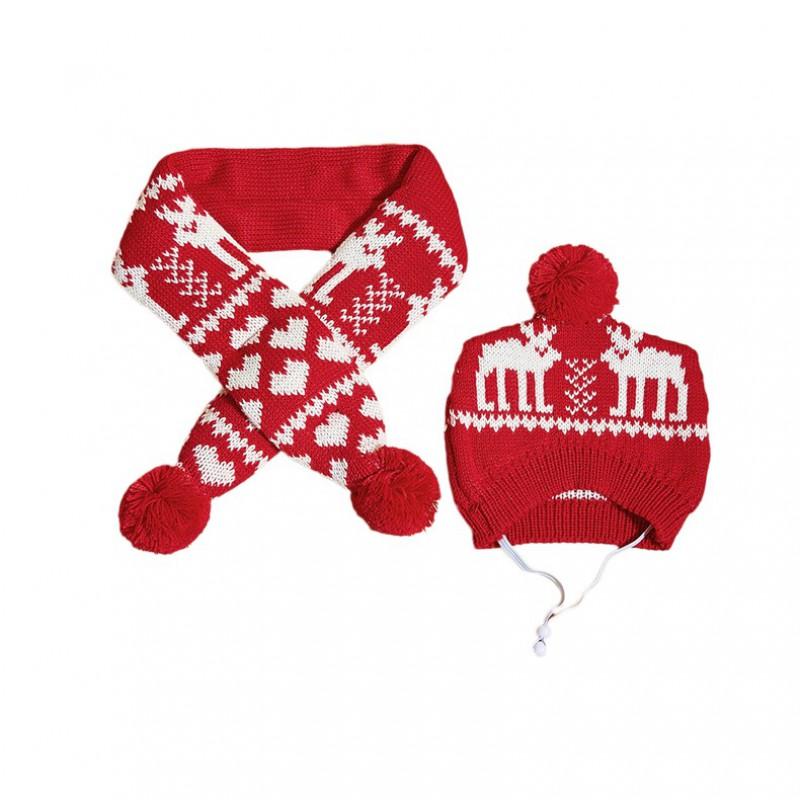 Knitted Pet Scarf Hat Set Cats Dogs Christmas Winter Accessory Adjustable Collar Bib