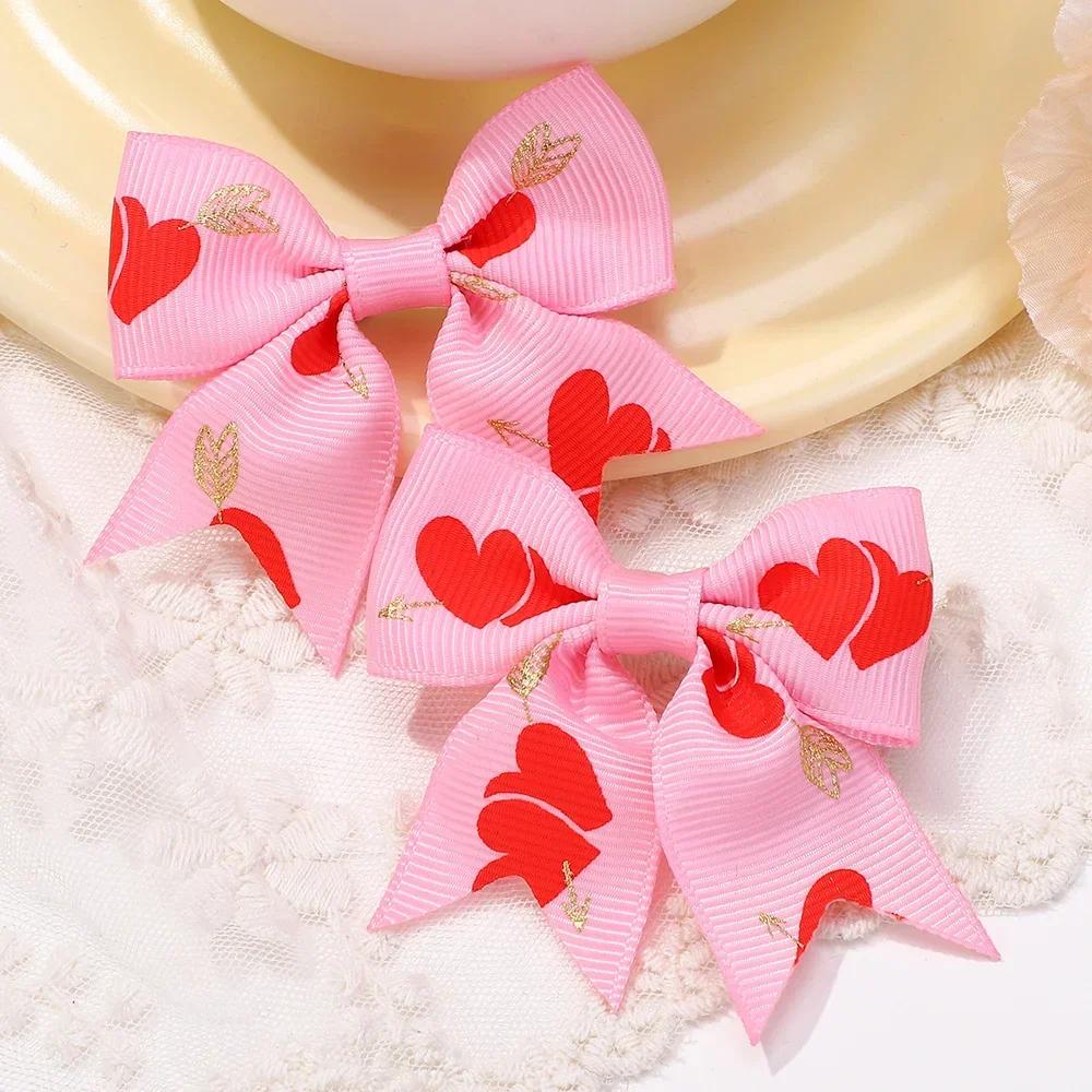 2Pcs/set 2.36''  Valentine's Day Printed Bow Hairclips for Girls Children Ribbon Hair Bows Clip Cheer Up Hair Accessories Gifts