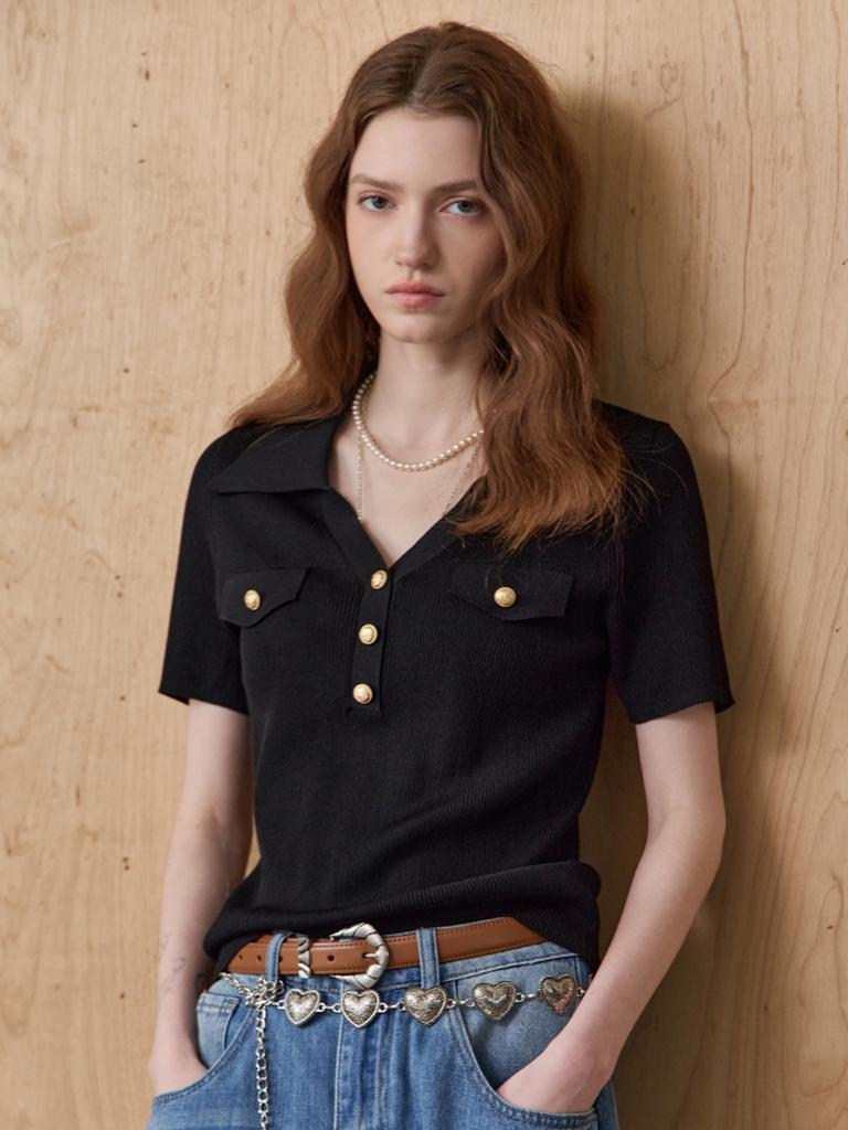 MAXZA Gold Button Open Collar V-Neck Rib Knit