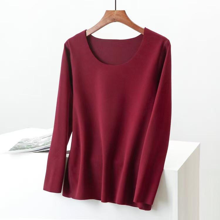 Women's Double-Sided German Velvet Crew Neck Long Sleeve Thermal Top, 2025 Autumn/Winter, Slim Fit, Solid Color
