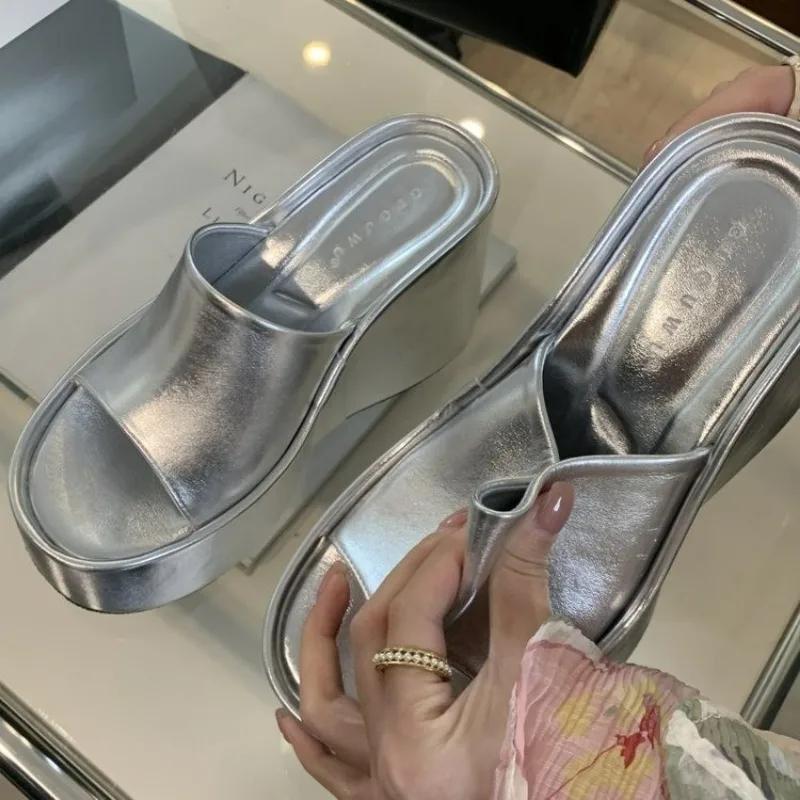 Fashion Style Women's Sandals Casual Summer Fashion Silver Wedges Shoes 5cm-8cm High Platform Sandals 2024 Flip Flops Women