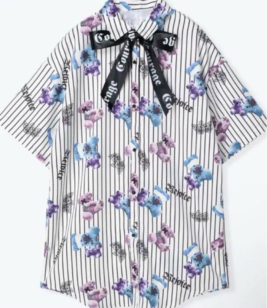 

[USED] Bear, rose, cross, teddy bear, striped blouse, short-sleeved shirt, mass-produced, mine, white
