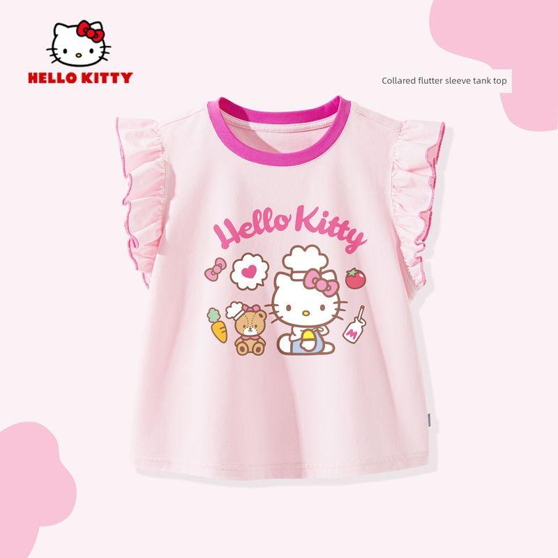 My Melody Girls' Flutter Sleeve T-Shirt Summer 2026 New Pink Children's Round Neck Top Cute Baby Girl Vest