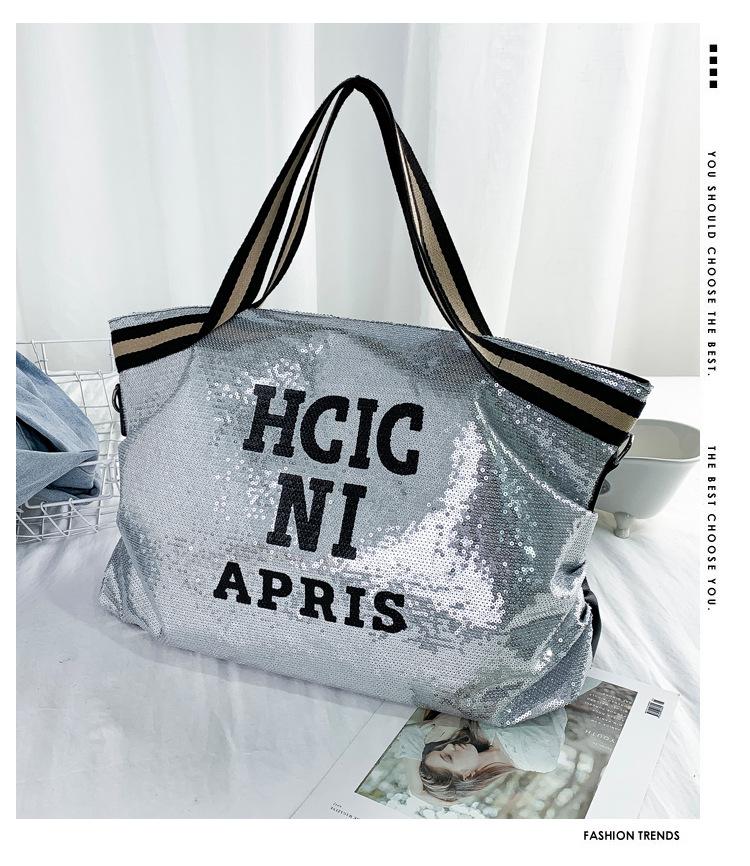 Large Capacity Sequin Travel Bag: Fashionable Letter Sports Yoga Shoulder Handbag