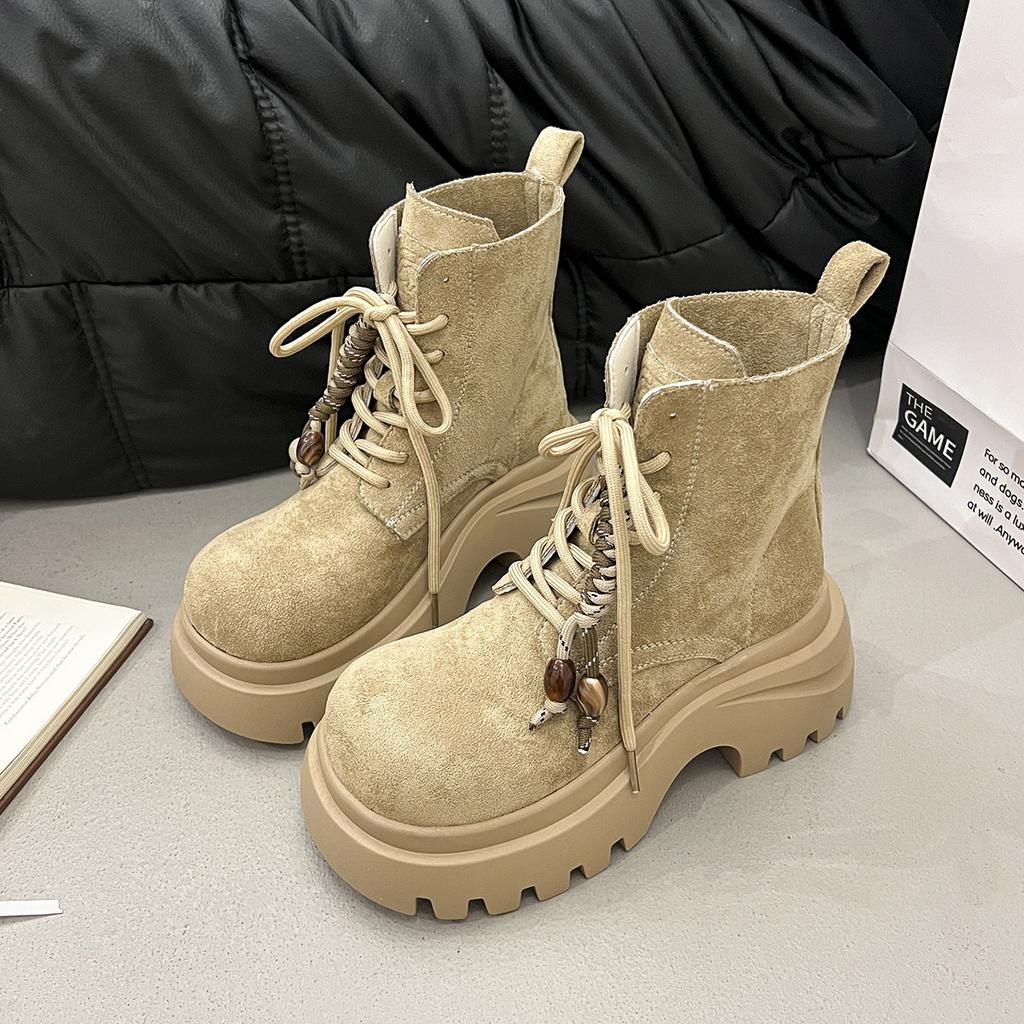 Thick-soled Heightened Big-headed Ugly Cute Martin Boots Women's 2025 New Autumn and Winter Fringed Locomotive Boots Short Boots Rhubarb Boots