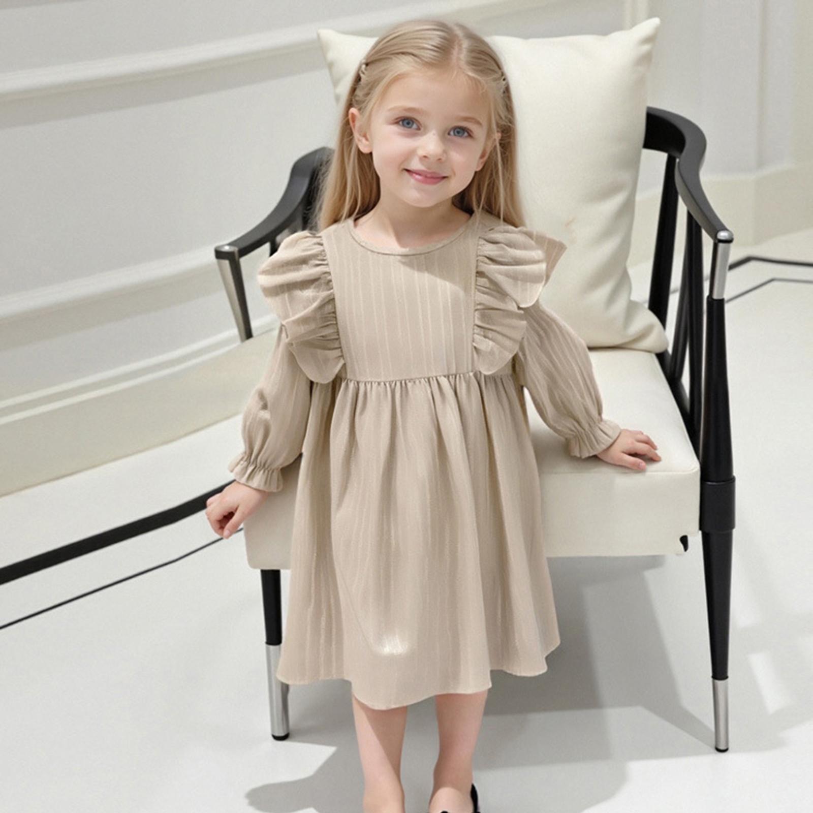 

Girls Fashion Cute Solid-Color Lace Flutter-Sleeve Princess Tiered Dress 140 хаки