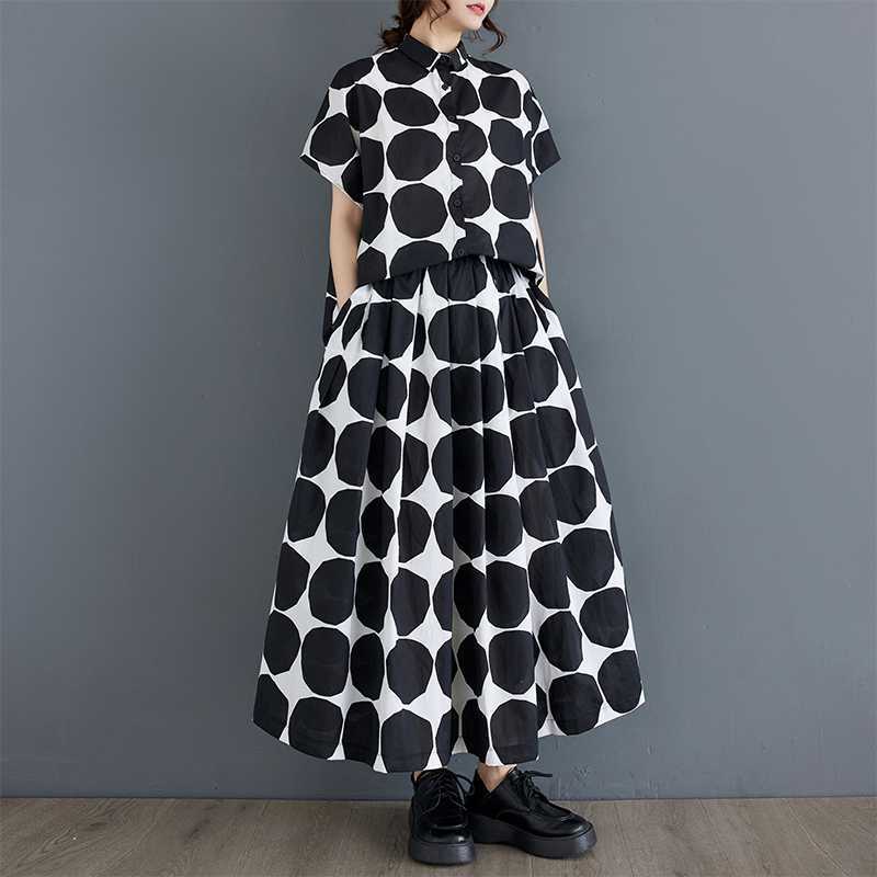 Polka Dot Print Summer Casual Two Piece Set Short Sleeve Loose Blouse Women Shirt Top Fashion Clothing Long Skirts Suit 2025