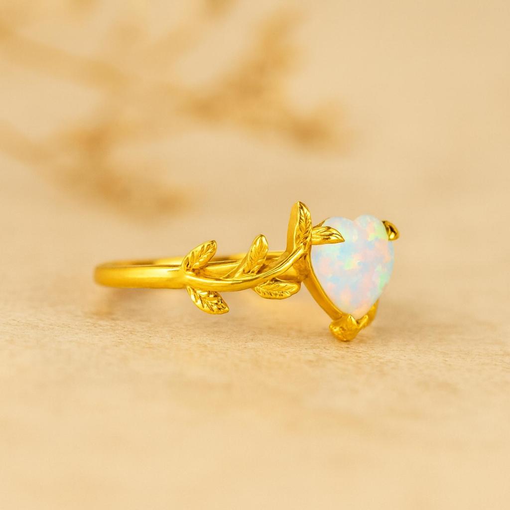 Heart Opal Twig Ring – Leaf Vine Band – Romantic October Birthstone Jewelry - Yellow Gold Plated 925 Sterling Silver Ring Gift