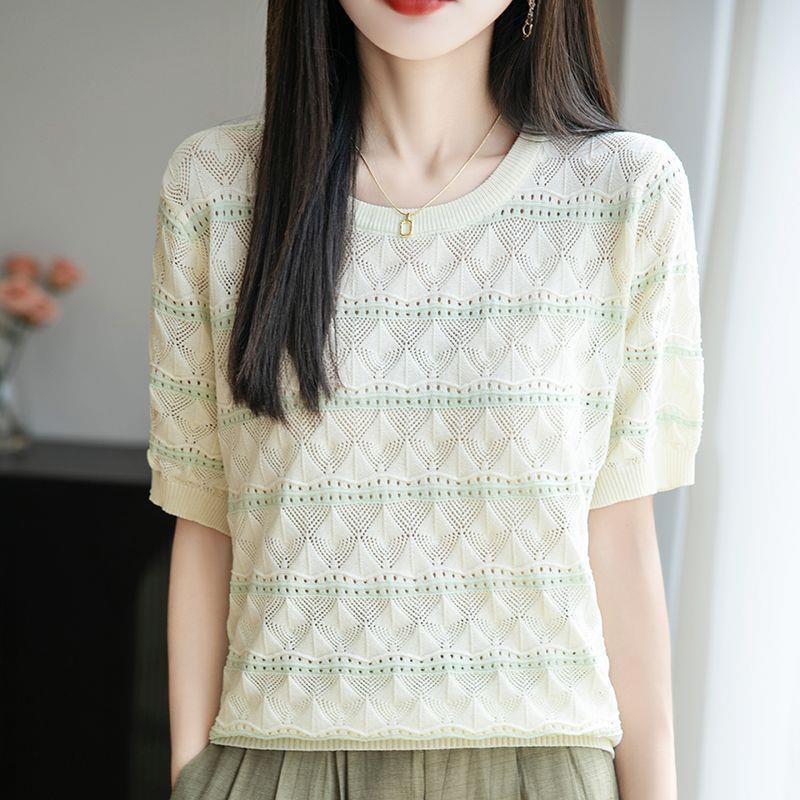 

Summer Women s Knitted Short Sleeve T-shirt Round Neck Hollow T-shirt Loose Knitted Shirt Top M абрикосовый